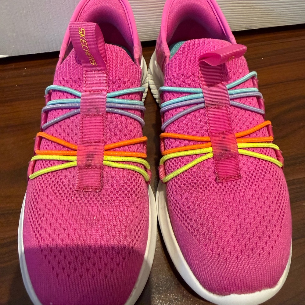 Skechers Kids Hot Pink Slip-On Sneakers with Multicolor Elastic Laces